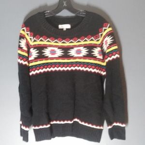 On Fire! Sz.1X  Black Tribal Aztec Print Crew Neck Pullover Lightweight Sweater